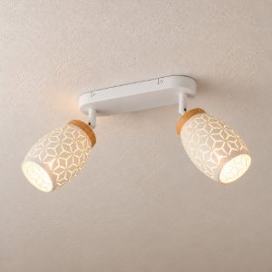 Plafoniera con 2 faretti moderna bianca con effetto legno decoro traforato