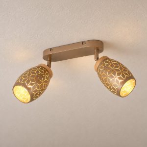 Plafoniera con 2 faretti moderna caffe oro con effetto legno decoro traforato