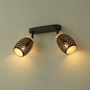 Plafoniera con 2 faretti moderna nera oro con effetto legno decoro traforato