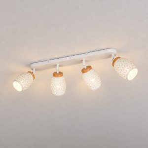 Plafoniera con 4 faretti moderna bianca con effetto legno decoro traforato