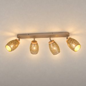 Plafoniera con 4 faretti moderna caffe oro con effetto legno decoro traforato