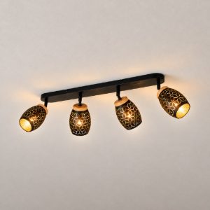 Plafoniera con 4 faretti moderna nera oro con effetto legno decoro traforato