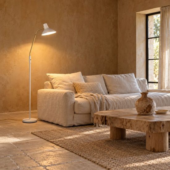 Piantana per soggiorno moderna bianca ottone satinato con braccio flessibile interruttore