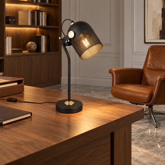 Lampada da scrivania per ufficio moderna nera oro satinato con testa traforata