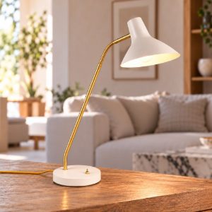 Lampada da tavolo per soggiorno bianca ottone satinato con braccio flessibile interruttore