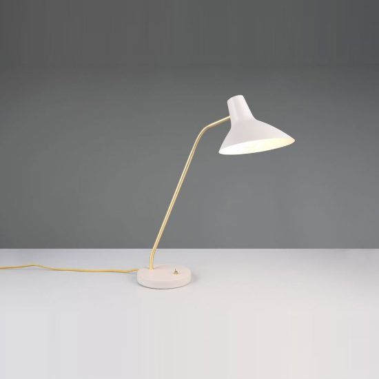 Lampada da tavolo per soggiorno bianca ottone satinato con braccio flessibile interruttore