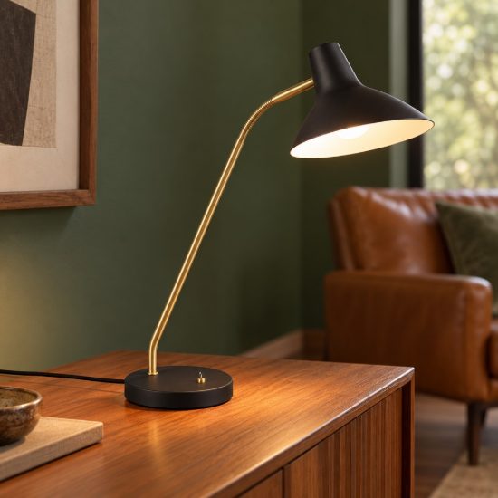 Lampada da tavolo per soggiorno nera ottone satinato con braccio flessibile interruttore