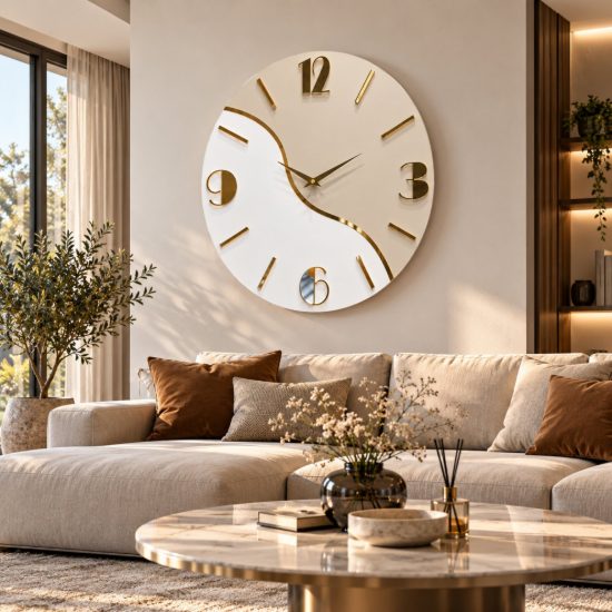 Orologio rotondo da parete moderno legno chiaro dettagli oro 50cm