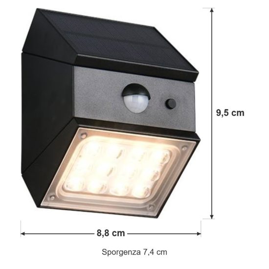 Applique da esterno solare led 2,5w cct 3000k 4000k 6000k con sensore di movimento ip65 nera