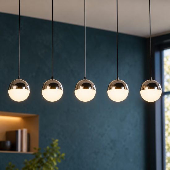Lampadario a sospensione 5 luci per soggiorno led 25w 4000k lineare nero con sfere cromate bianche