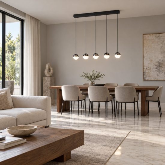Lampadario a sospensione 5 luci per soggiorno led 25w 4000k lineare nero con sfere cromate bianche