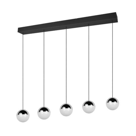 Lampadario a sospensione 5 luci per soggiorno led 25w 4000k lineare nero con sfere cromate bianche