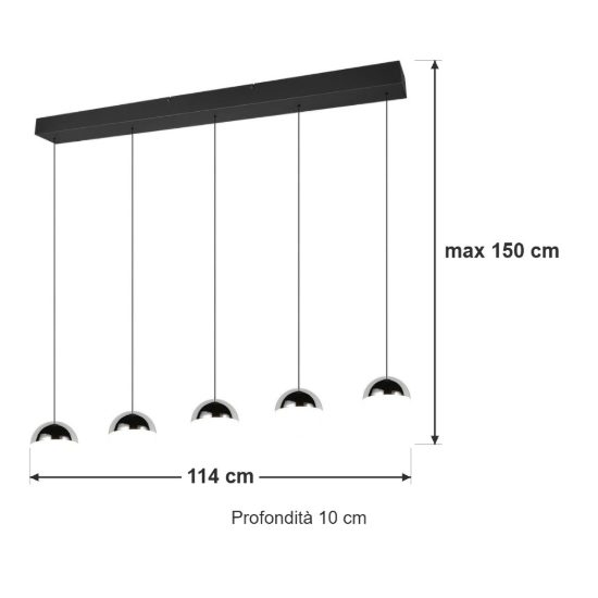 Lampadario a sospensione 5 luci per soggiorno led 25w 4000k lineare nero con sfere cromate bianche