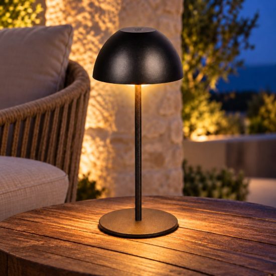 Lampada da tavolino ricaricabile da esterno led 2w 3000k touch ip44 moderna nera a forma di fungo