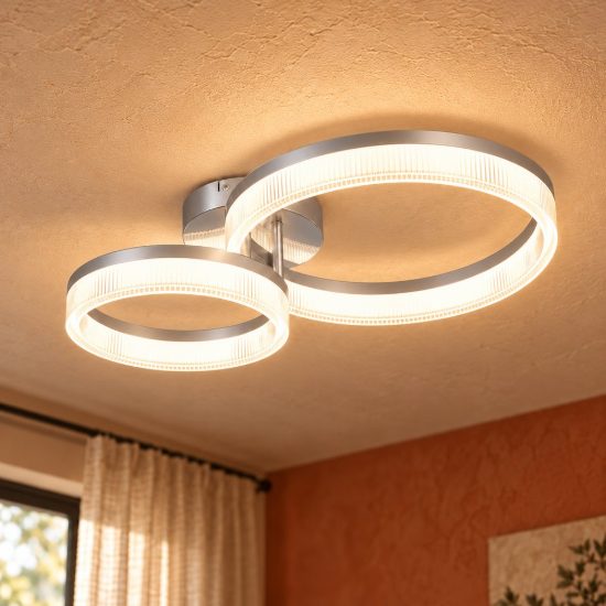 Plafoniera led 22w 4000k per soggiorno moderna cromo a 2 anelli con diffusore 3d trasparente
