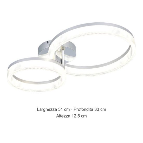 Plafoniera led 22w 4000k per soggiorno moderna cromo a 2 anelli con diffusore 3d trasparente