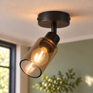 Faretto da soffitto per soggiorno orientabile moderno nero con vetro cilindrico fume