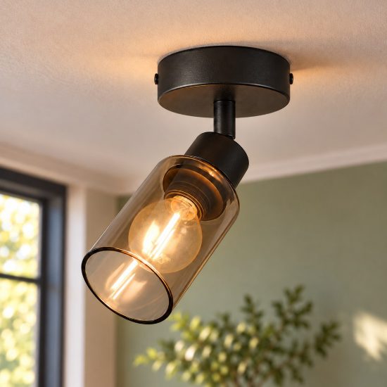 Faretto da soffitto per soggiorno orientabile moderno nero con vetro cilindrico fume