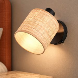 Applique per comodino camera da letto orientabile nera con paralume in fibra naturale interruttore