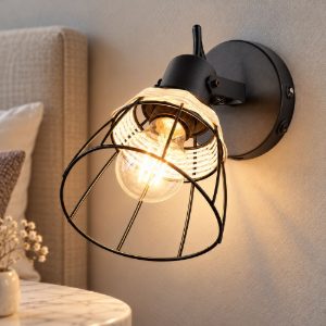 Applique per comodino camera da letto nera con paralume a gabbia in rattan naturale interruttore