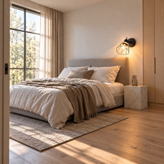 Applique per comodino camera da letto nera con paralume a gabbia in rattan naturale interruttore