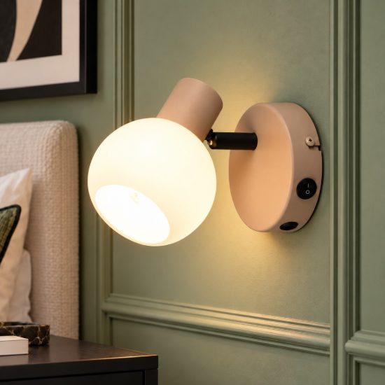 Applique per comodino camera da letto orientabile beige con diffusore in vetro bianco interruttore