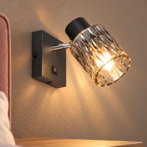 Applique per comodino camera da letto orientabile nera con vetro fume strutturato interruttore
