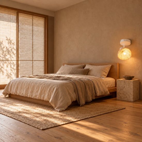 Applique per comodino camera da letto bianca con paralume in rattan naturale interruttore
