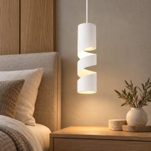 Lampada a sospensione per comodino camera da letto cilindrica bianco