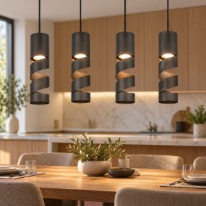 Lampadario moderno 4 luci cilindri neri per tavolo da pranzo