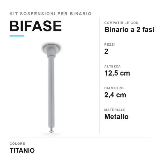 Kit 2 sospensioni a soffitto per binario bifase 12,5cm titanio