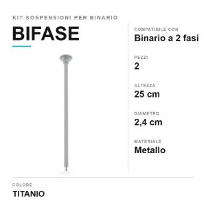 Kit 2 sospensioni lunghe a soffitto per binario bifase 25cm titanio