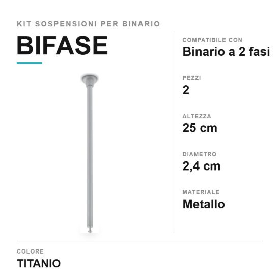 Kit 2 sospensioni lunghe a soffitto per binario bifase 25cm titanio