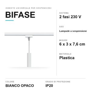 Innesto universale per lampade a sospensione su binario bifase bianco