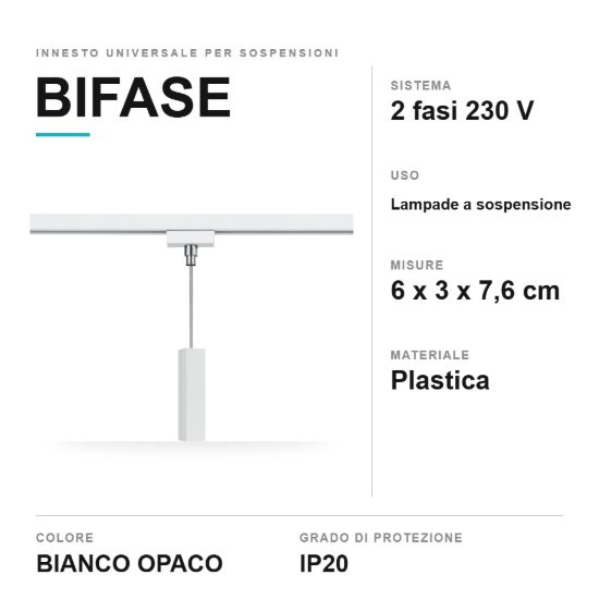 Innesto universale per lampade a sospensione su binario bifase bianco