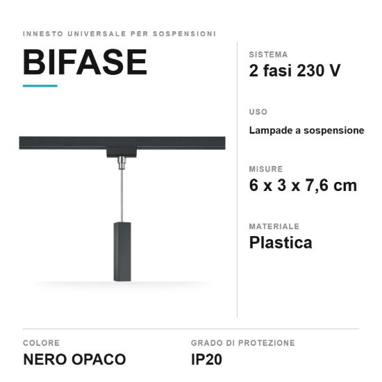 Innesto universale per lampade a sospensione su binario bifase nero