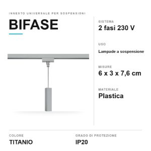 Innesto universale per lampade a sospensione su binario bifase titanio