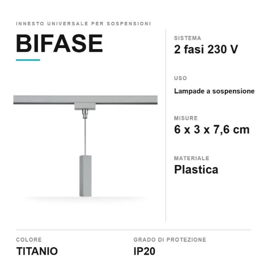 Innesto universale per lampade a sospensione su binario bifase titanio