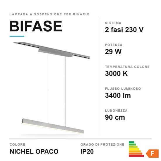 Lampada a sospensione per binario bifase led 29w 3000k bi-emissione lineare 90cm nichel opaco