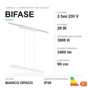 Lampada a sospensione per binario bifase led 29w 3000k bi-emissione lineare 90cm bianca