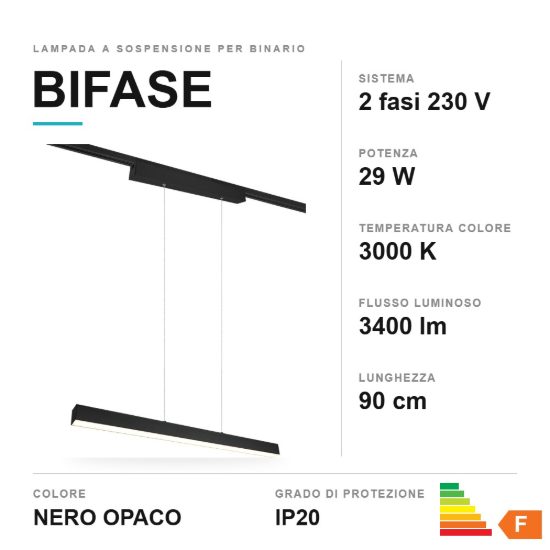 Lampada a sospensione per binario bifase led 29w 3000k bi-emissione lineare 90cm nera