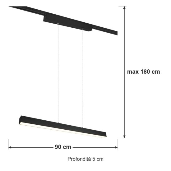 Lampada a sospensione per binario bifase led 29w 3000k bi-emissione lineare 90cm nera