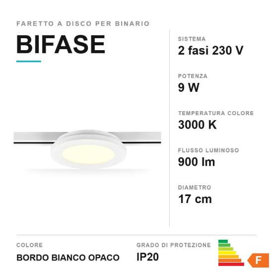 Faretto a disco per binario bifase led 9w 3000k con bordo bianco