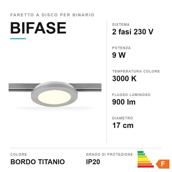 Faretto a disco per binario bifase led 9w 3000k con bordo titanio