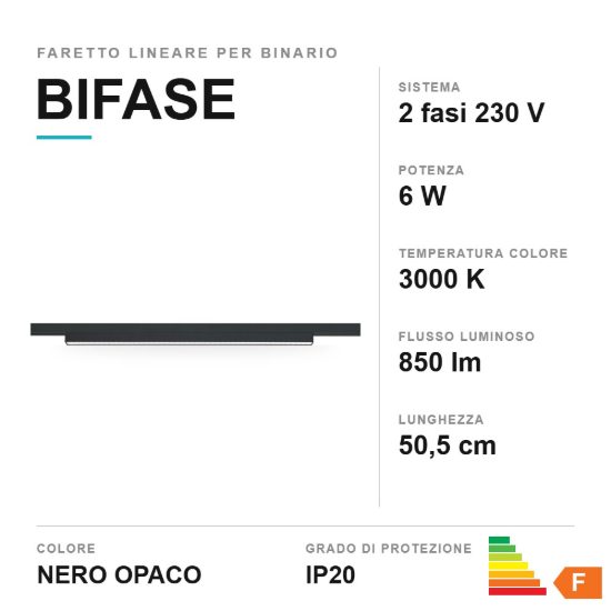 Faretto lineare per binario bifase led 6w 3000k nero