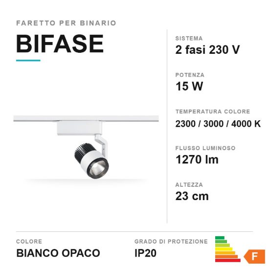 Faretto per binario bifase led 15w cct 2300k 3000k 4000k orientabile bianco