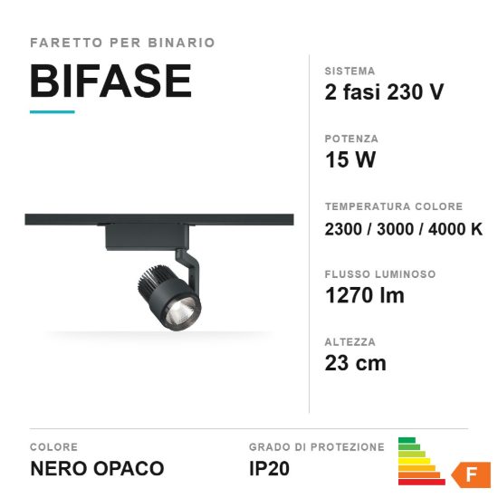 Faretto per binario bifase led 15w cct 2300k 3000k 4000k orientabile nero