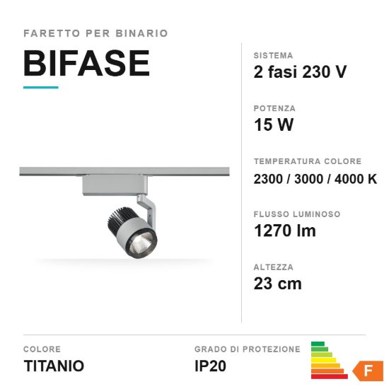 Faretto per binario bifase led 15w cct 2300k 3000k 4000k orientabile titanio