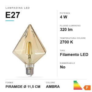 Lampadina led e27 a piramide a filamento 4w 2700k ambra
