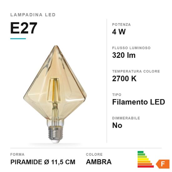 Lampadina led e27 a piramide a filamento 4w 2700k ambra
